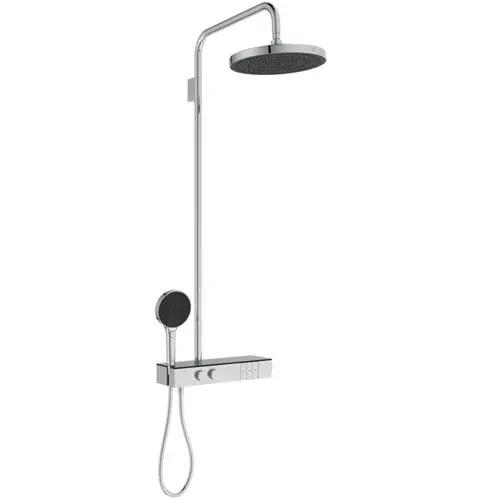 Duschsystem von Ideal Standard mit Brausethermostat und regenspendendem Duschkopf. Handbrause an flexiblem Schlauch montiert, Steuerung über zwei Drehknöpfe.